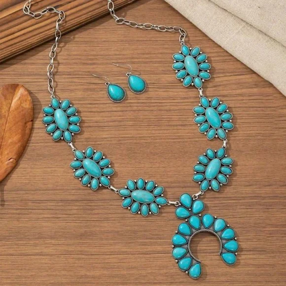New Faux Turquoise Floral Squash Blossom Western Boho Necklace and Earring Set - Picture 6 of 10
